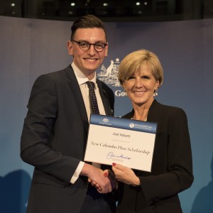 QUT student Joel Adsett receives his certificate from Foreign Minister Julie Bishop Photos by DFAT