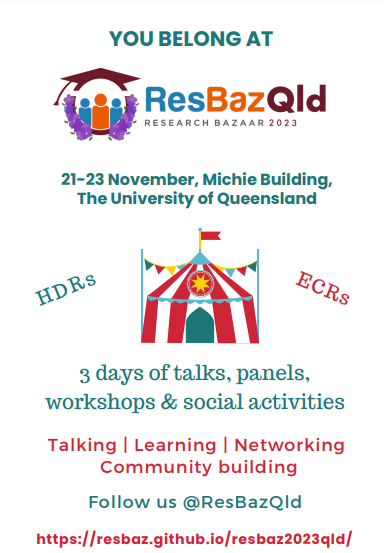 You belong at ResBazQld. 21-23 November, Michie Building, The University of Queensland. 3 days of talks, panels, workshops & social activities. Talking, Learning, Networking, Community building. Follow us @ResBazQld. https://resbaz.hithub.io/resbaz2023qld/